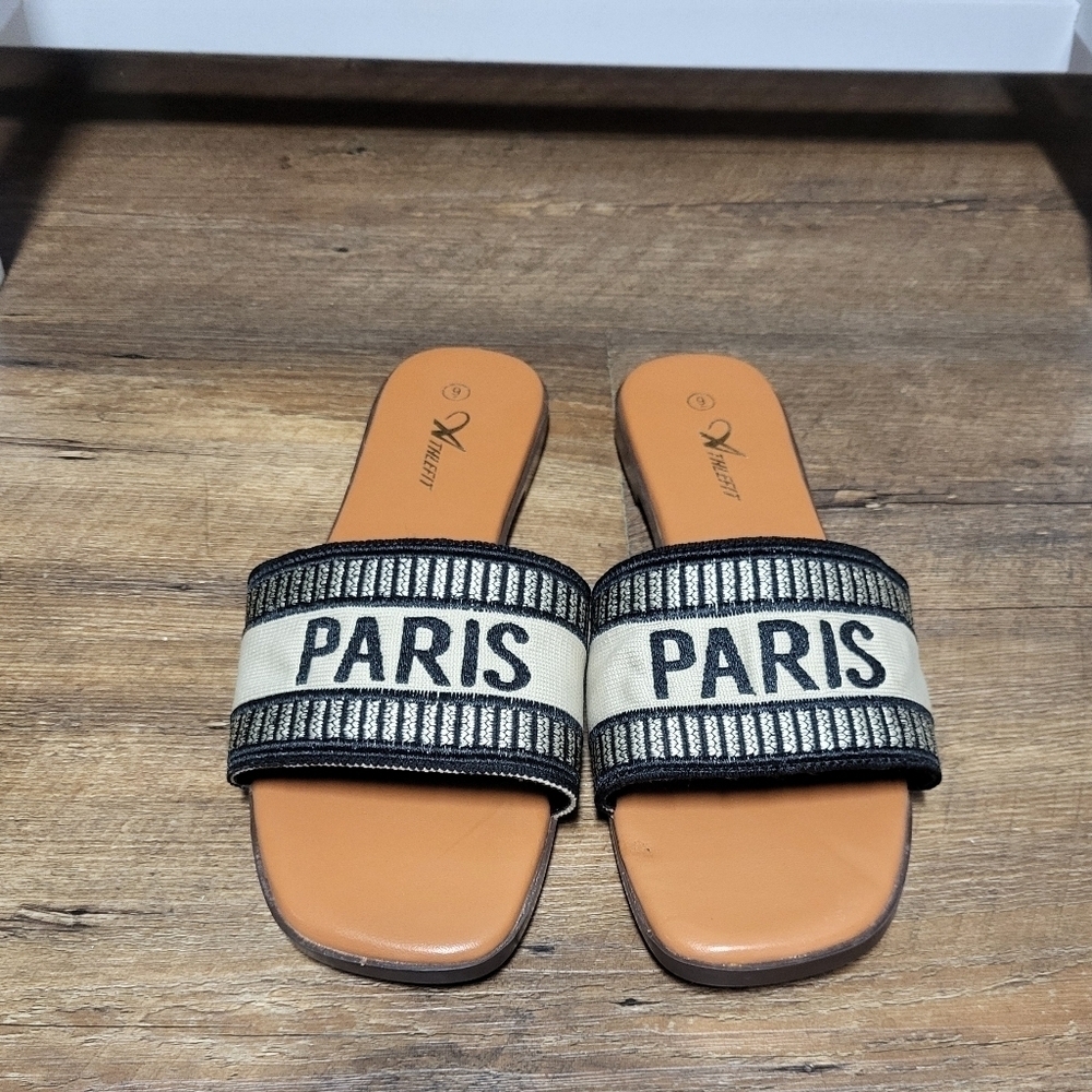 Athlefit Paris Slide Sandals with Black and Tan Straps Size 9
